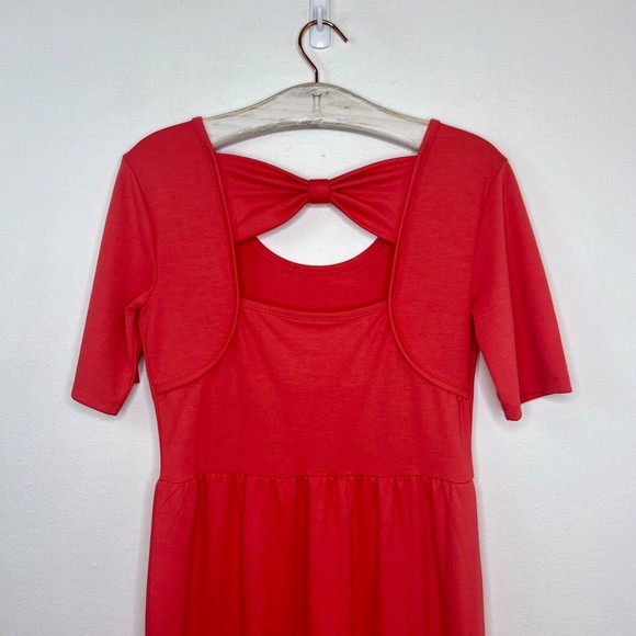 Garnet Hill Womens Knit Dress Size Small Coral Short Sleeve Bow Open Back Casual - Picture 5 of 8
